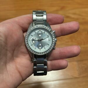 Fossil Decker Watch Women ES-2681 Silver Tone Date New Battery